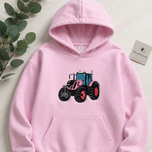 Pink Embroidered Tractor Hoodie – Cozy Farm Life Pullover Sweatshirt for Women & Men