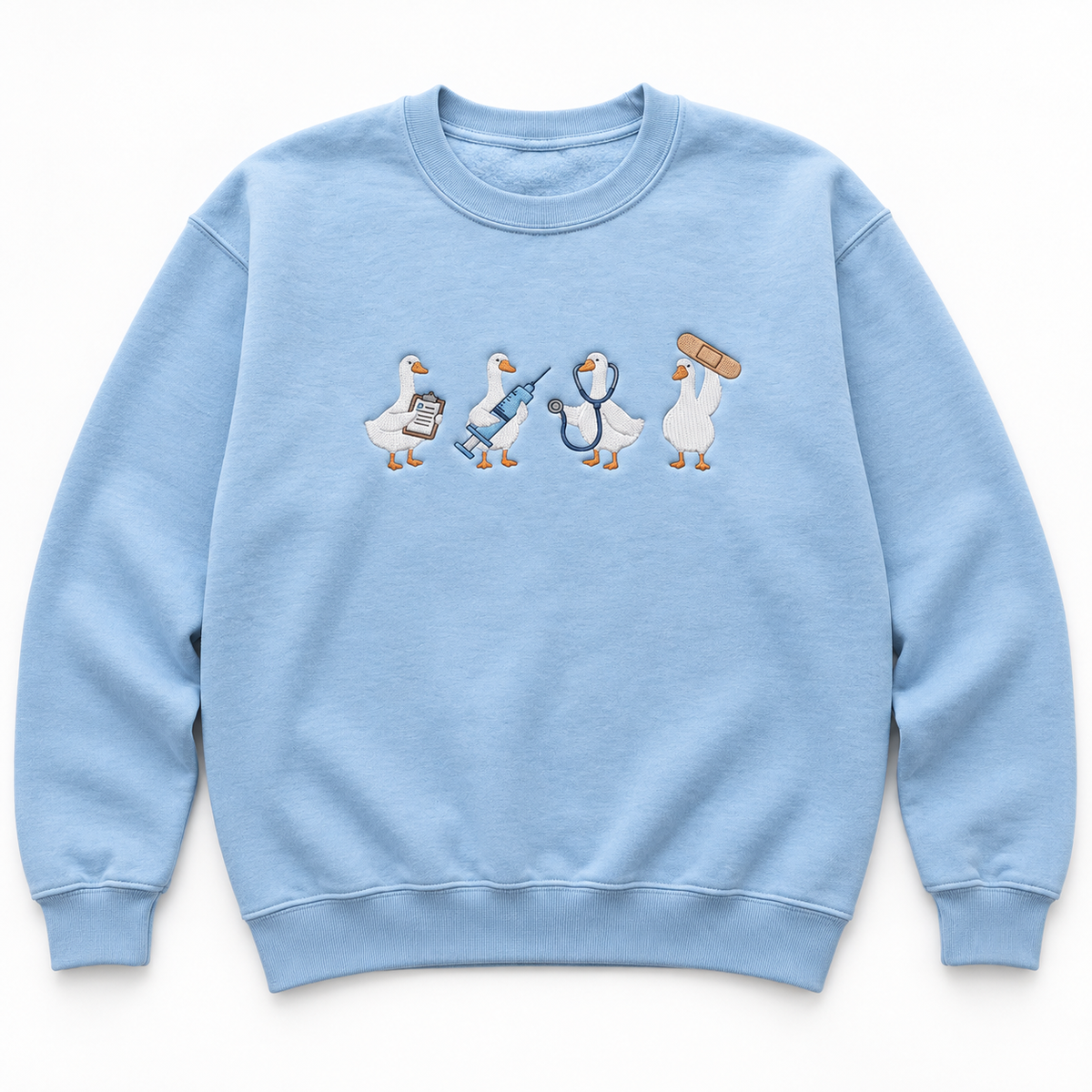 Light blue medical duck sweatshirt on a white background