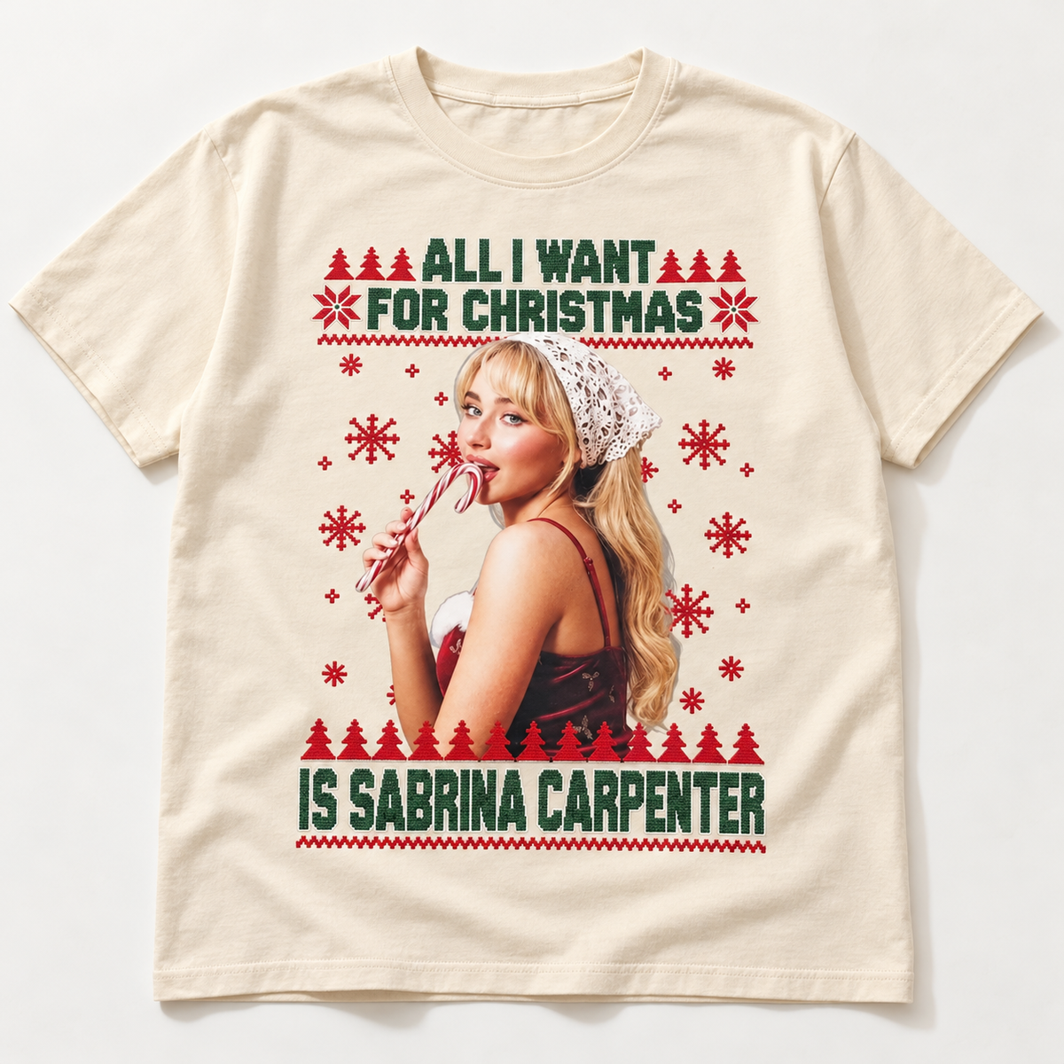 Cream Sabrina Carpenter Christmas graphic T-shirt, full front view