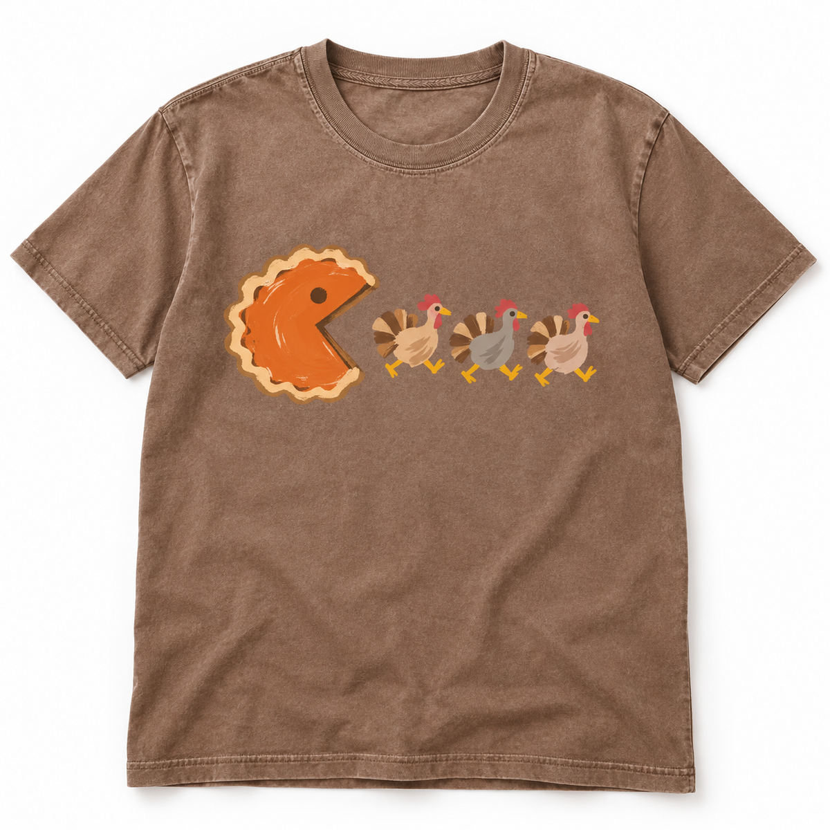 Espresso pumpkin pie and turkey T-shirt on white background