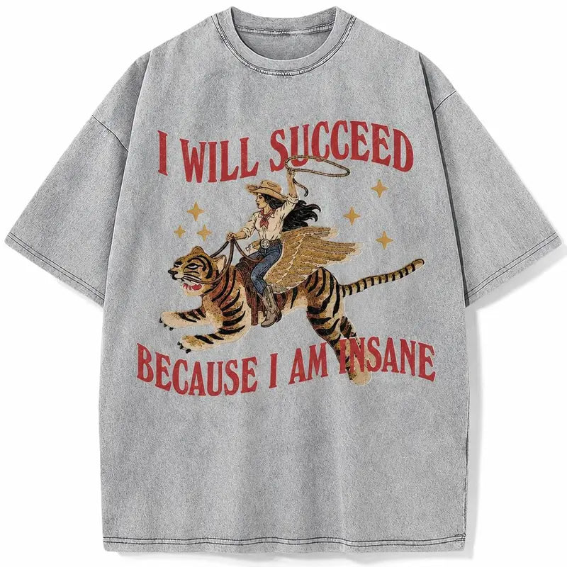 Original gray acid-wash winged tiger graphic T-shirt on white background