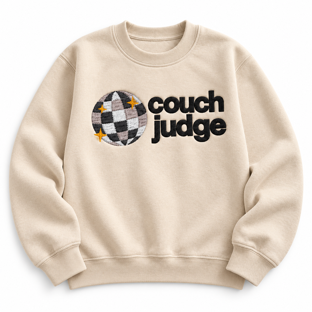 Sand Couch Judge embroidered sweatshirt, white background