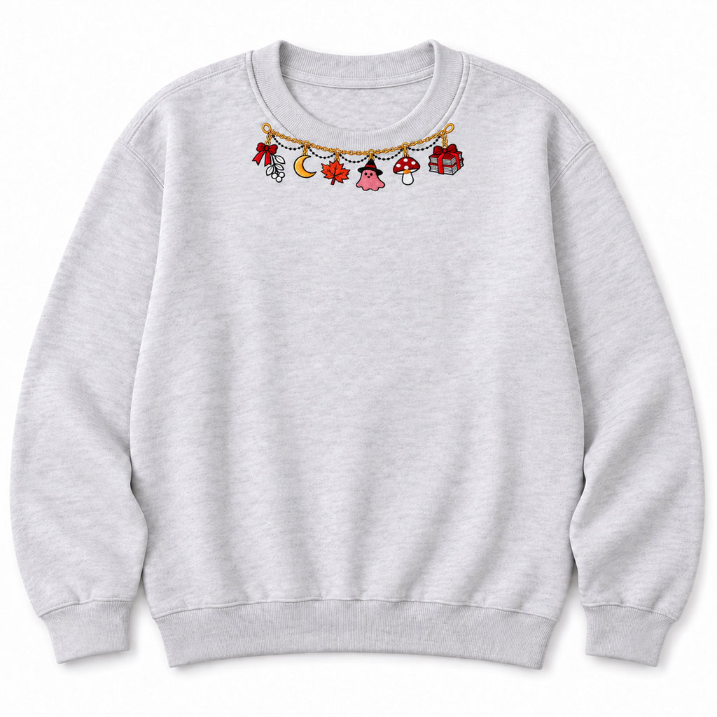 Ash-gray autumn sweatshirt with small shallow curved neckline embroidery on white background