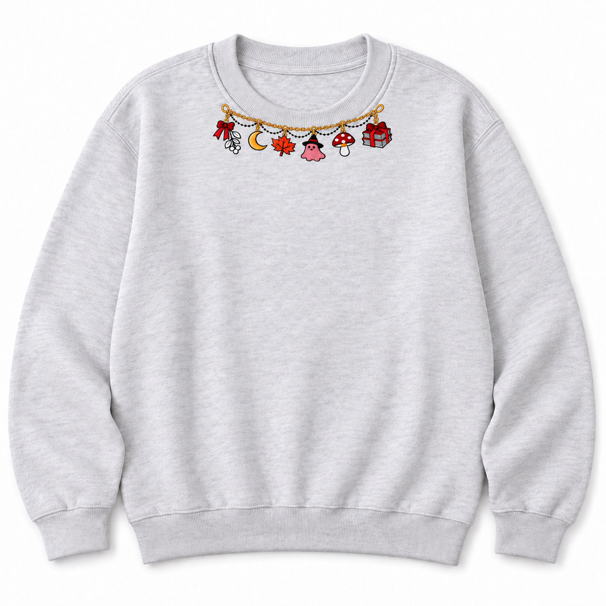 Ash-gray autumn sweatshirt with small shallow curved neckline embroidery on white background