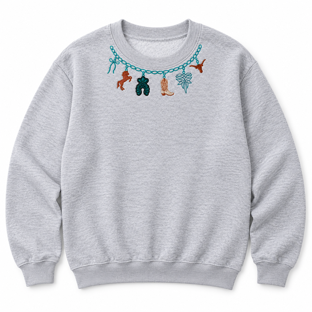 Light gray western sweatshirt with embroidery following the crew neckline