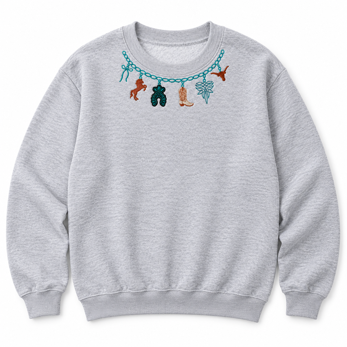 Light gray western sweatshirt with embroidery following the crew neckline