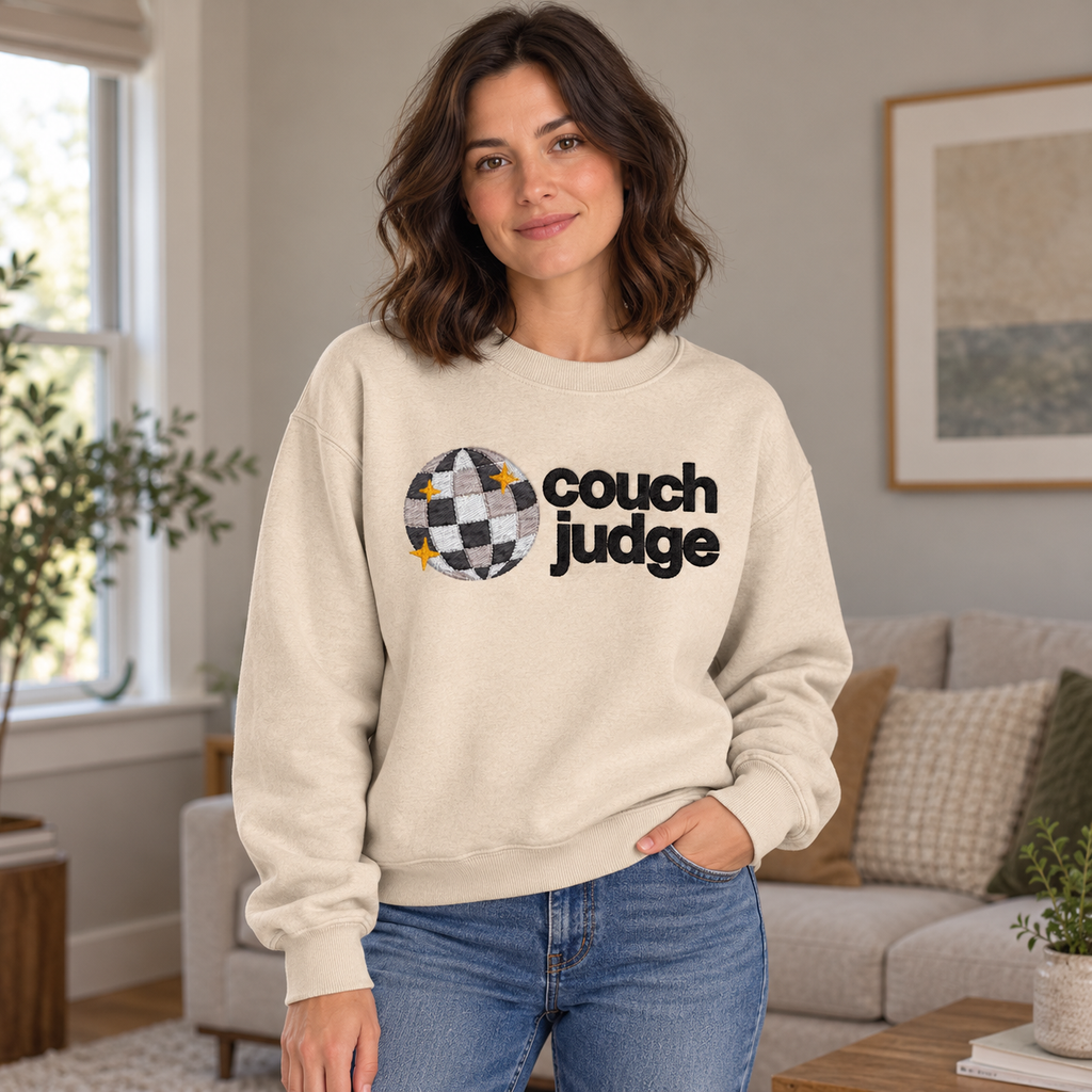 Sand crewneck on model, front view