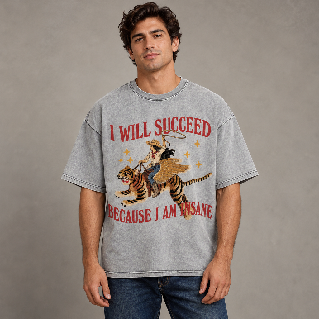 Male model wearing the gray winged tiger tee, front view