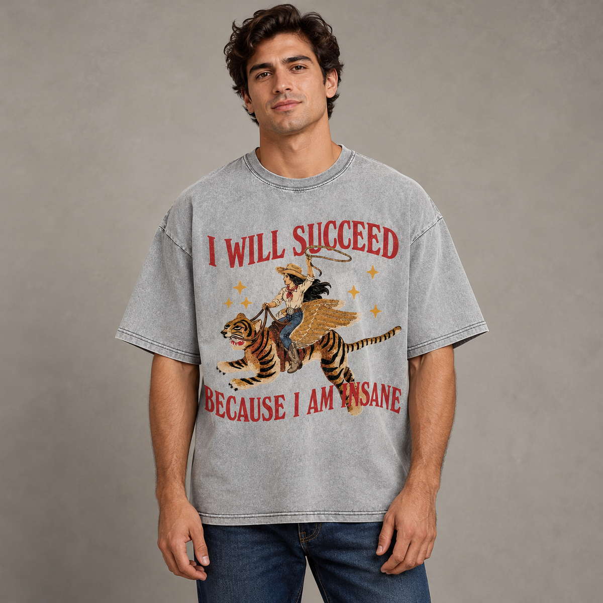 Male model wearing the gray winged tiger tee, front view