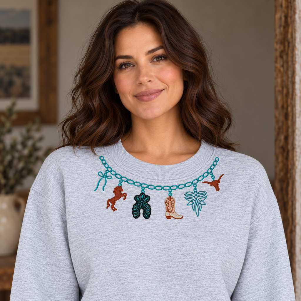 Close view of the same female model showing western neckline embroidery