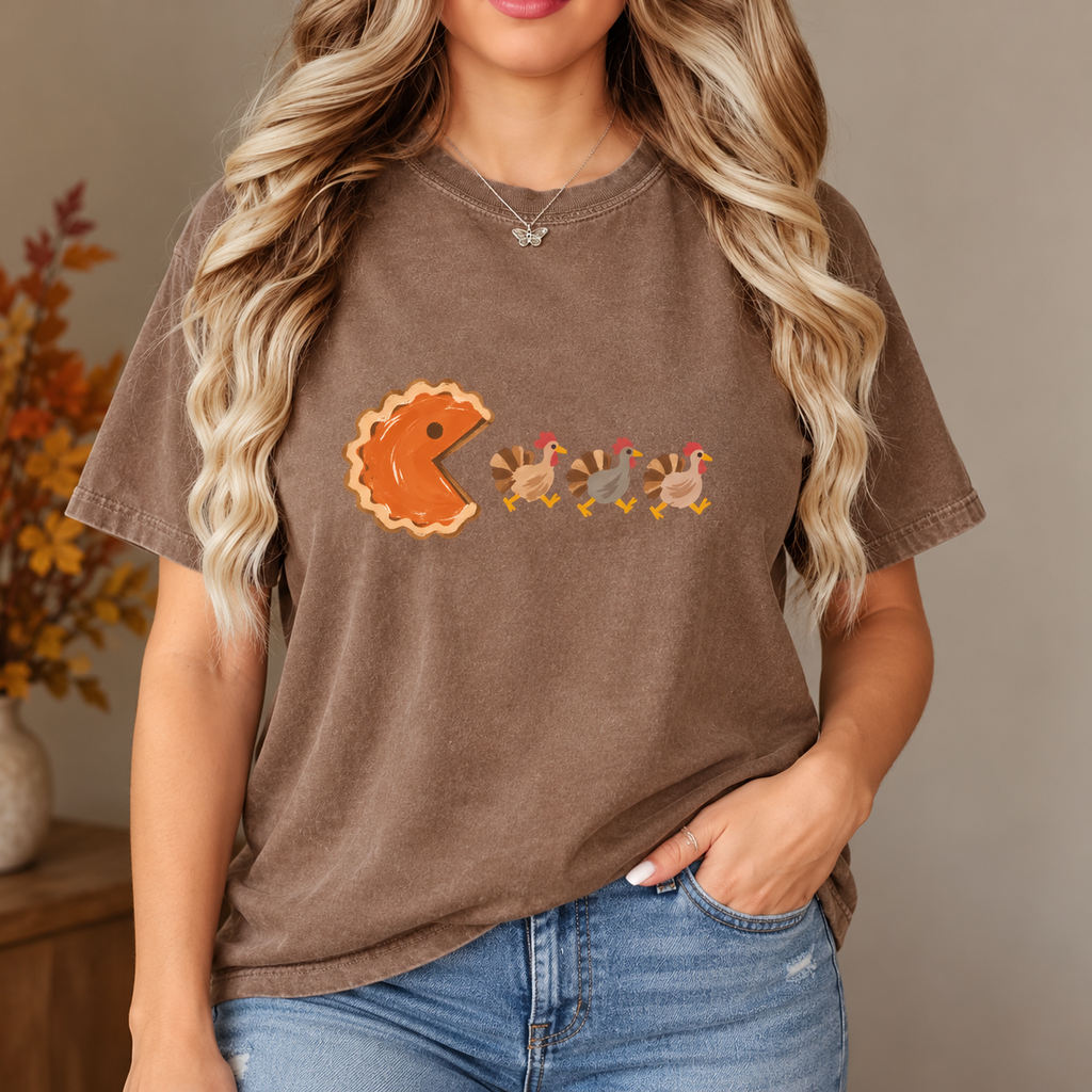 Female model wearing the espresso Thanksgiving T-shirt