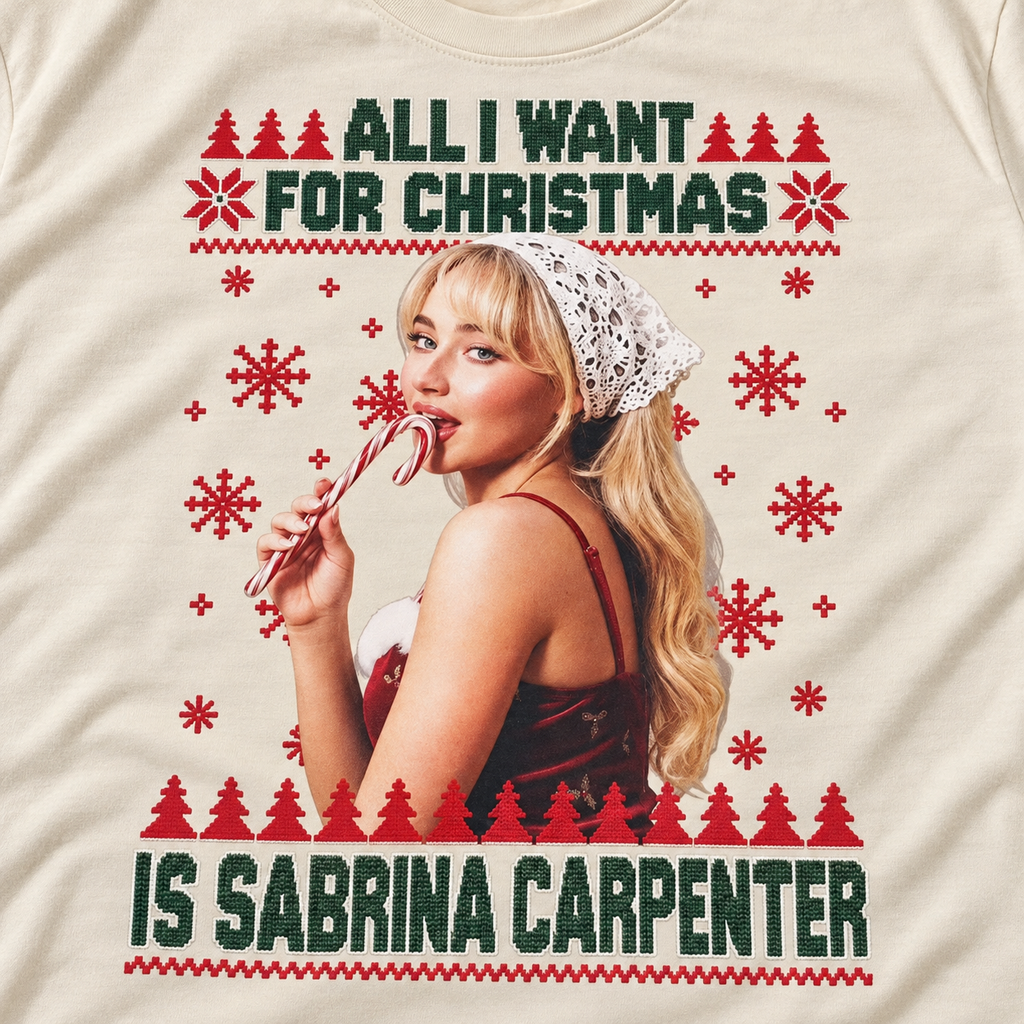Close-up of the Sabrina Carpenter Christmas print on cream fabric