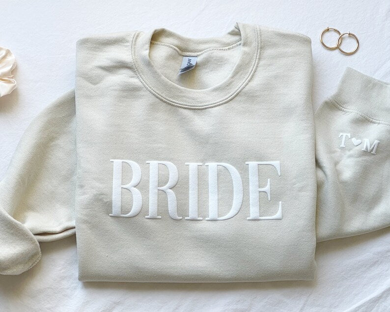 Personalized Gift For Bride, Bride Sweatshirt, Initial Heart Sleeve, Engagement Gift