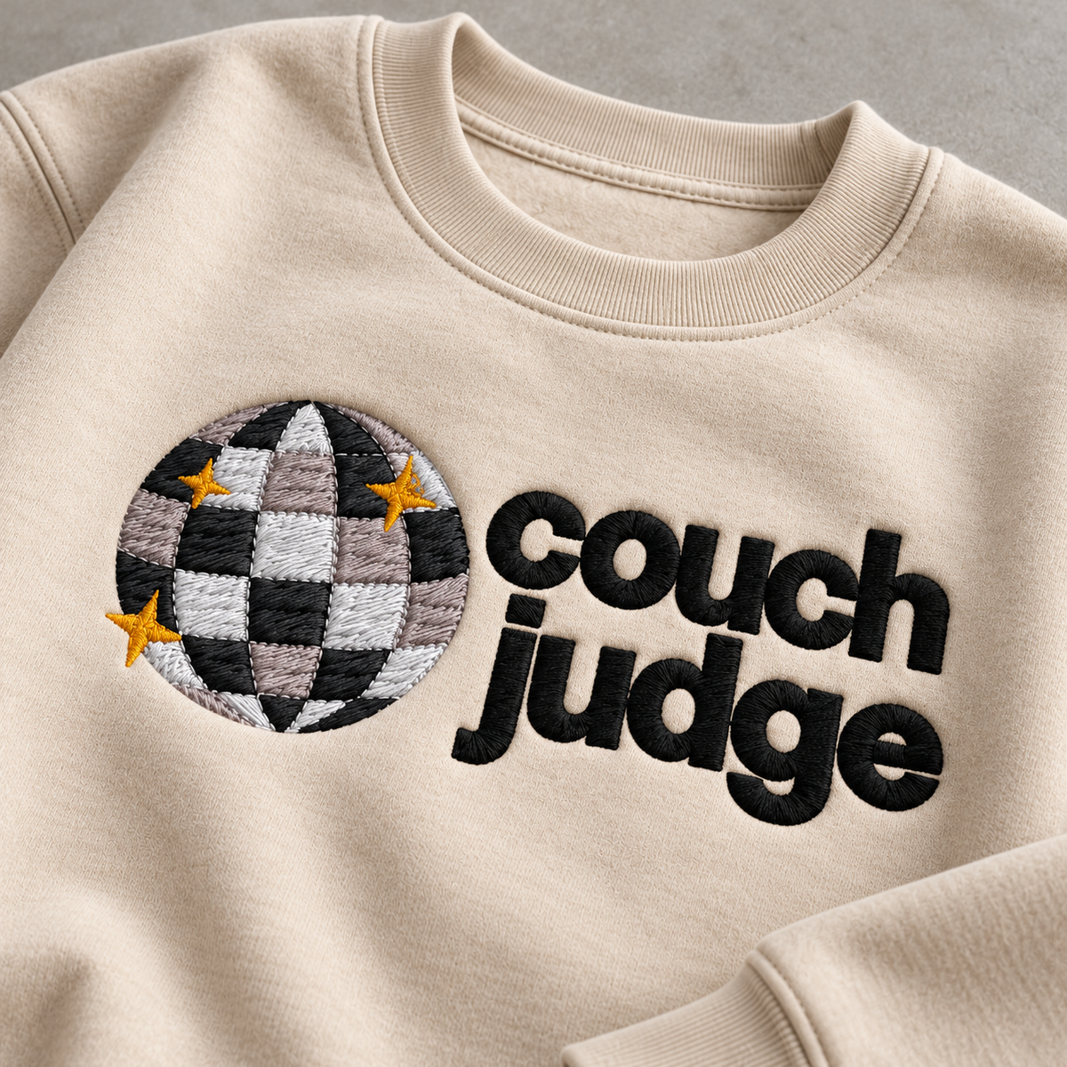 Mirrorball and Couch Judge embroidery detail