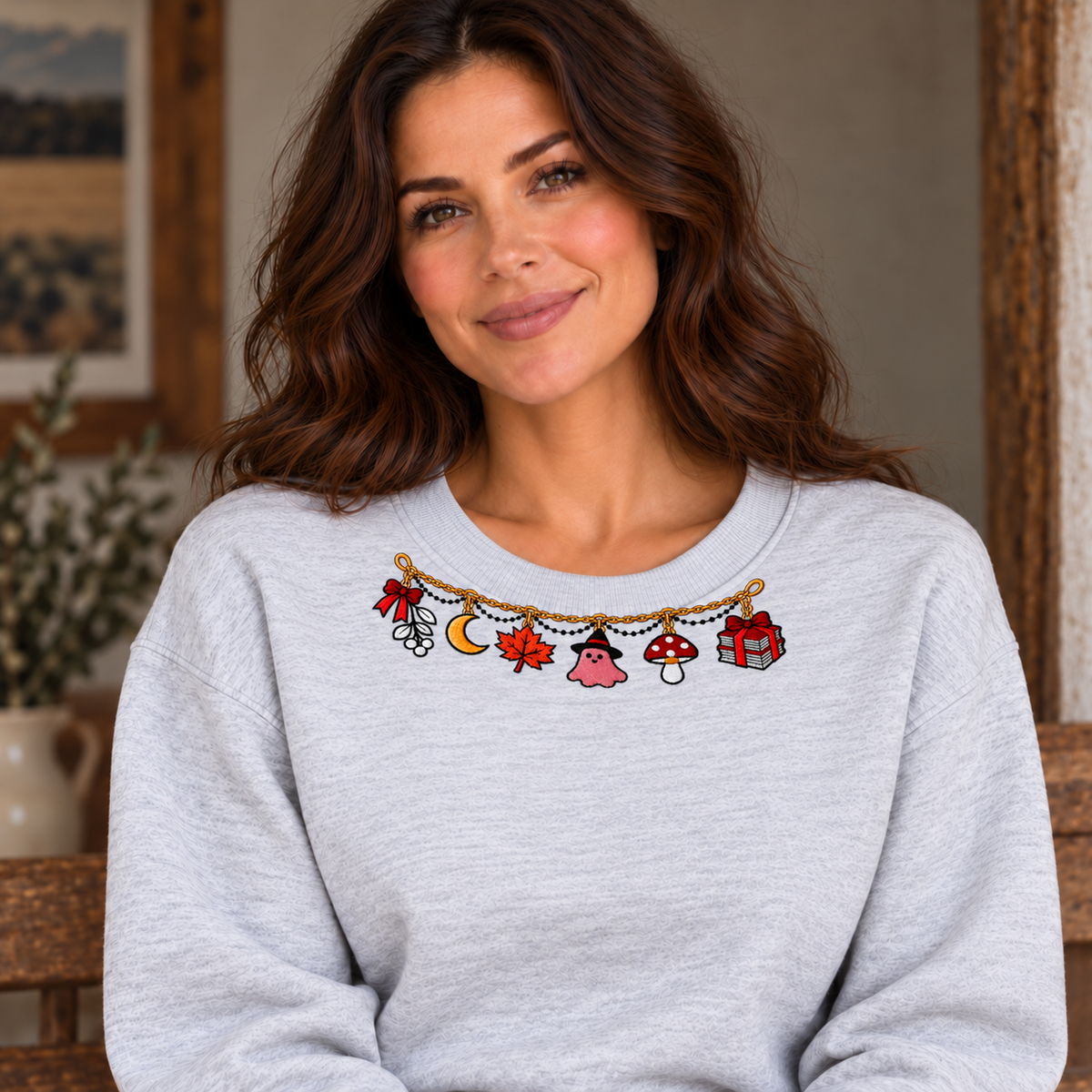 Same female model seated with small shallow-arc autumn neckline embroidery