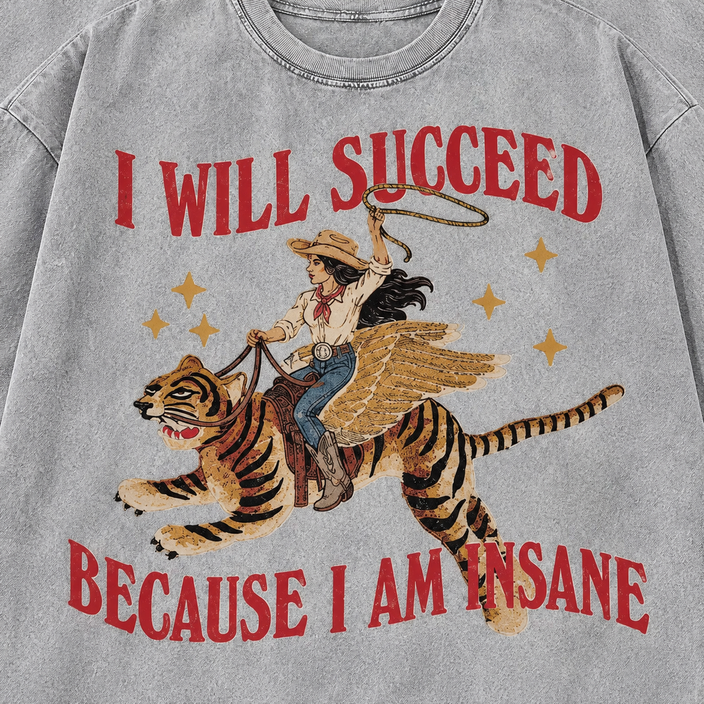 Cowgirl and winged tiger printed slogan detail