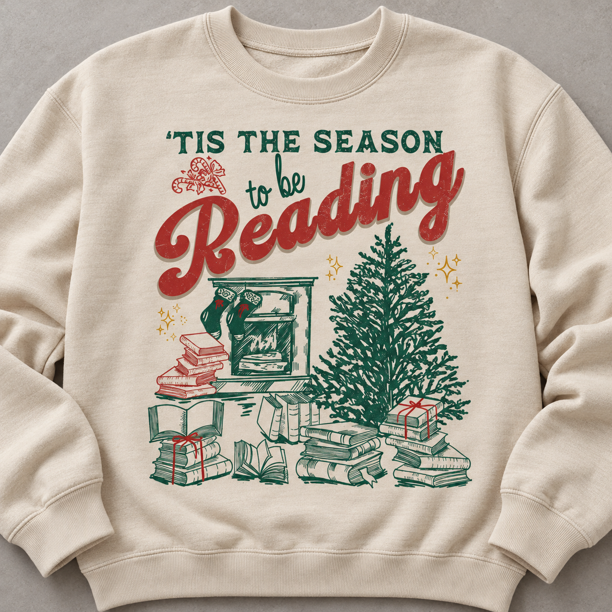 Vintage Christmas tree, fireplace and book print detail