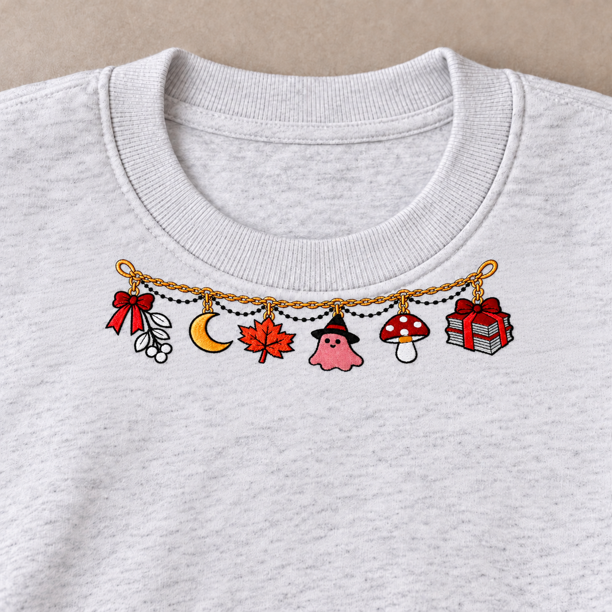 Autumn charm embroidery in a small shallow gently curved row