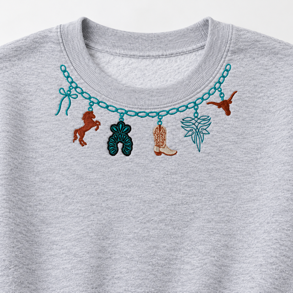 Delicate small turquoise chain and western charm embroidery detail