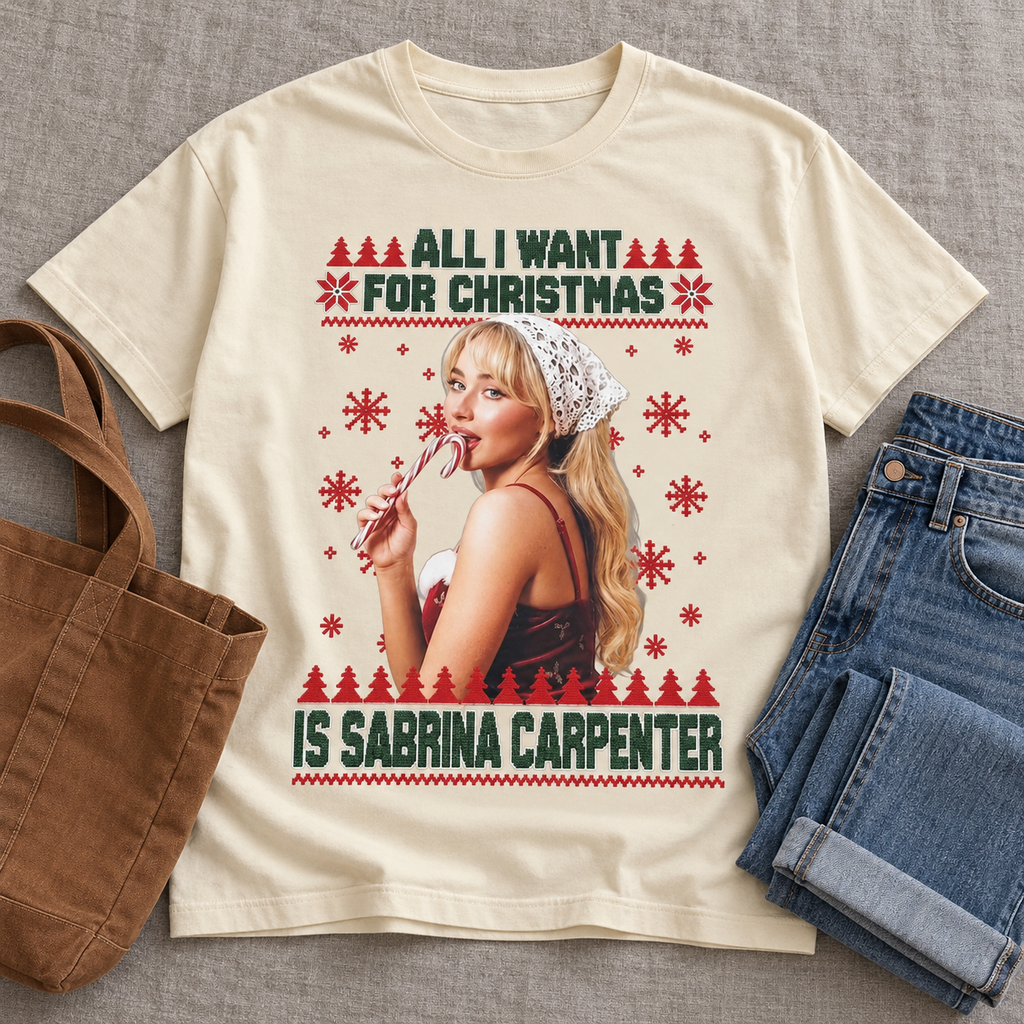 Cream Christmas graphic T-shirt styled with denim