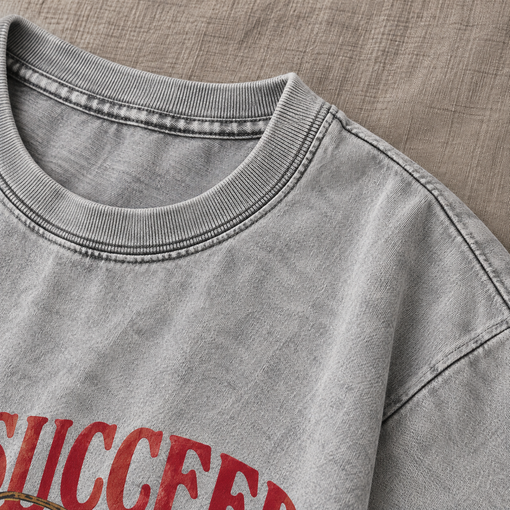 Gray crewneck collar and cotton texture detail