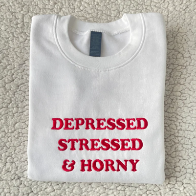 Embroidered Depressed Stressed & Horny Crewneck Sweatshirt | Funny Slogan Pullover Top