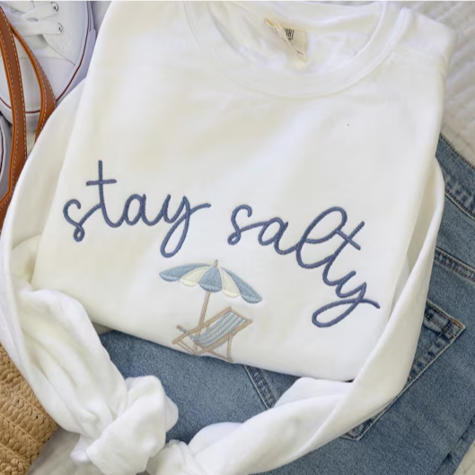 Stay Salty Embroidered Sweatshirt - Coastal Beach Umbrella Crewneck, Summer Casual Pullover