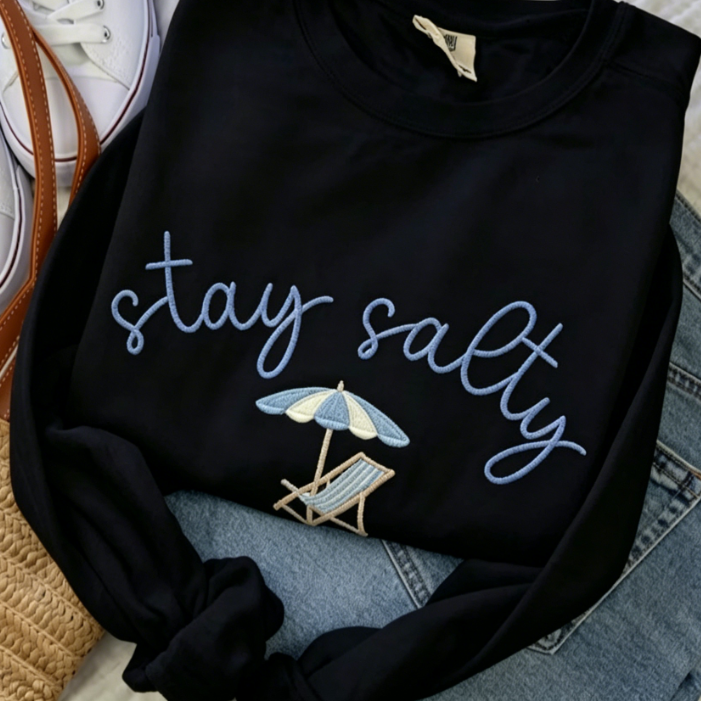 Stay Salty Embroidered Sweatshirt - Coastal Beach Umbrella Crewneck, Summer Casual Pullover