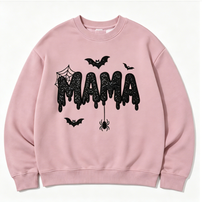 Halloween MAMA Embroidered Sweatshirt – Spooky Bat & Spider Graphic Crewneck Pullover for Moms