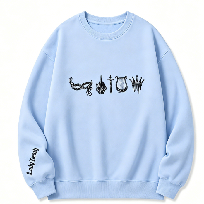 Lady Death Gothic Embroidered Oversized Sweatshirt – Vintage Fantasy Symbol Crewneck Pullover