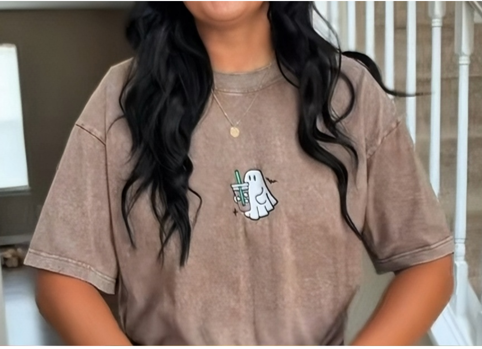 Cute Ghost Bubble Tea Embroidered Washed Brown Oversized T-Shirt