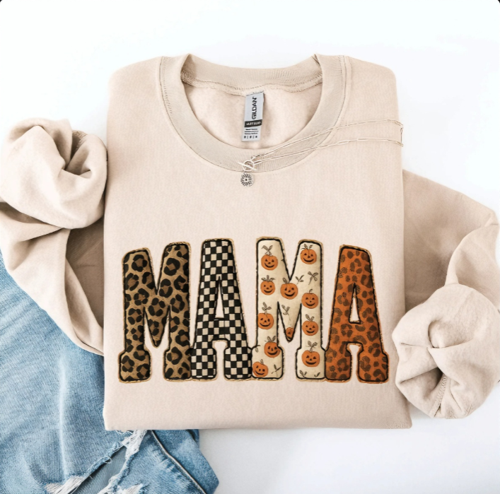 Mama Halloween Leopard Patchwork Graphic Sweatshirt