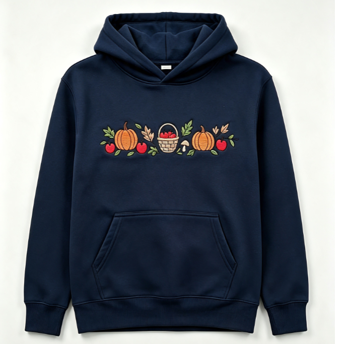 Autumn Harvest Embroidered Hoodie | Pumpkin & Apple Vintage Fall Sweatshirt | Cozy Seasonal Pullover
