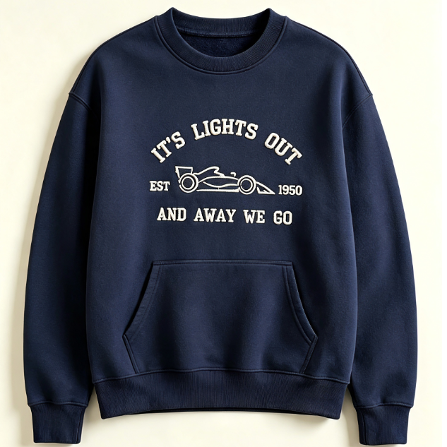 Vintage Racing Embroidered Sweatshirt – "It's Lights Out And Away We Go" Retro Car Crewneck Pullover