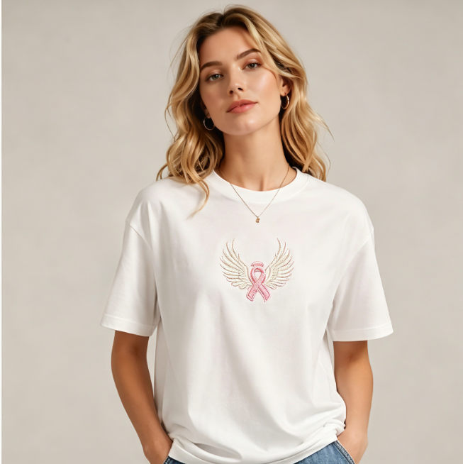 Pink Ribbon Angel Wings Embroidered T-Shirt