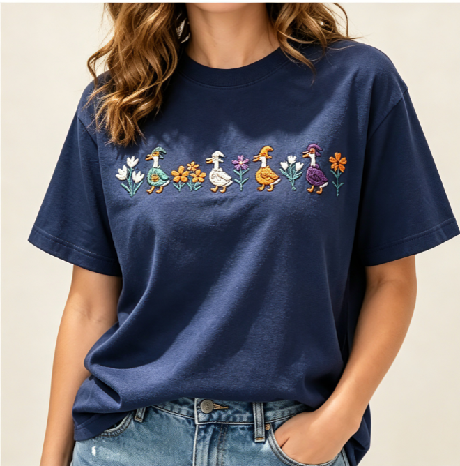 Halloween Goose Parade Embroidered T-Shirt – Cute Autumn Farmhouse Graphic Tee