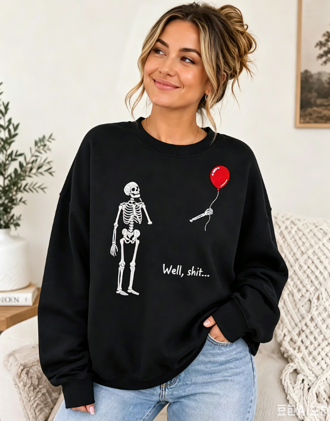 Funny Skeleton Balloon Embroidered Crewneck Sweatshirt