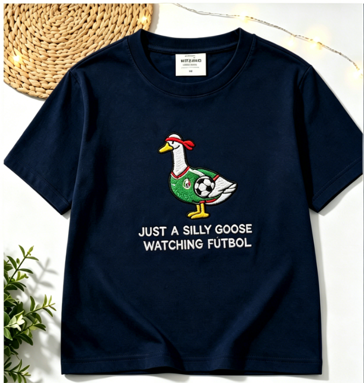 Just A Silly Goose Watching Futbol Embroidered T-Shirt – Funny Soccer Goose Graphic Tee