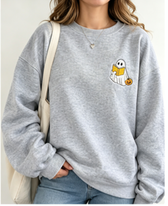 Cute Ghost Reading Book Embroidered Sweatshirt