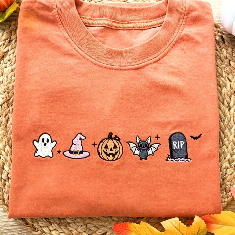 Halloween Embroidered Icons Vintage Washed T-Shirt – Ghost Pumpkin Bat Graphic Tee