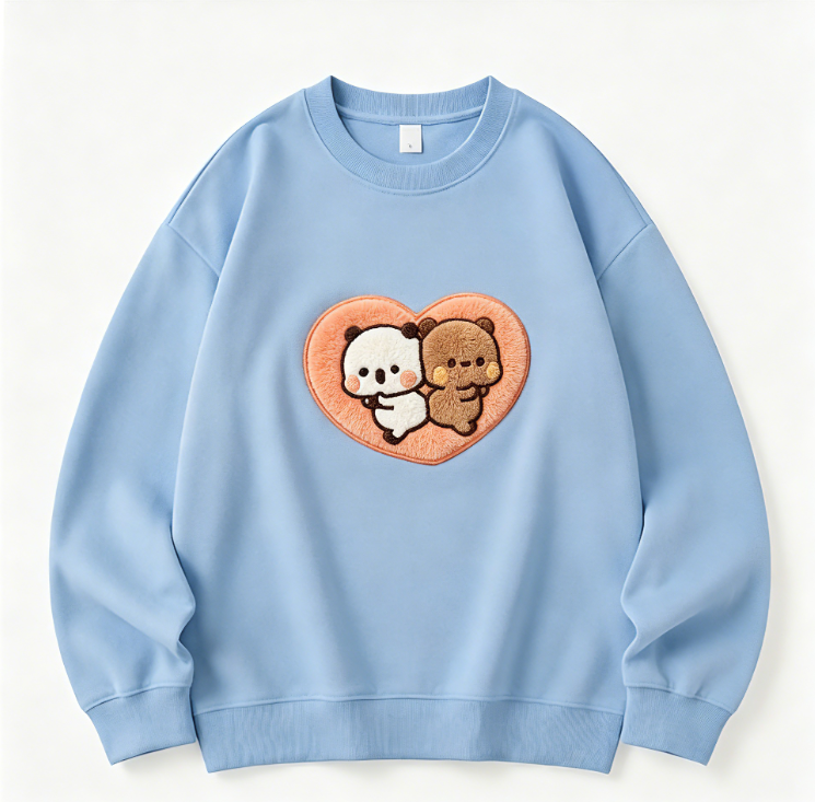 Yier Bubu Cute Bear Embroidered Sweatshirt – Kawaii Couple Bear Hug Crewneck Pullover