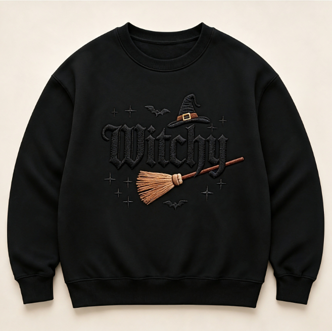 Witchy Embroidered Halloween Crewneck Sweatshirt – Gothic Witch Hat & Broom Cozy Pullover
