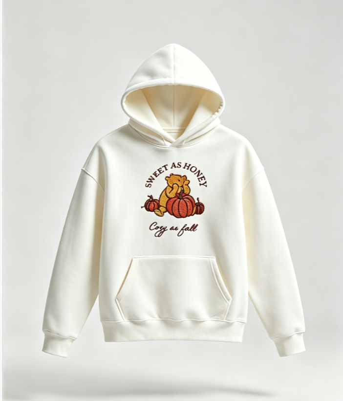 Sweet As Honey Cozy As Fall Embroidered Hoodie – Autumn Pumpkin Bear Pullover Sweatshirt