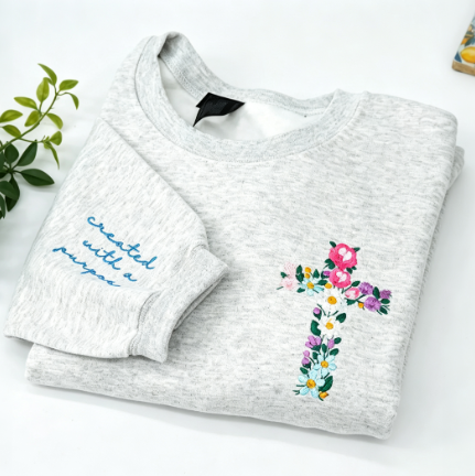 Floral Cross Christian Sweatshirt – Faith-Inspired Embroidered Crewneck