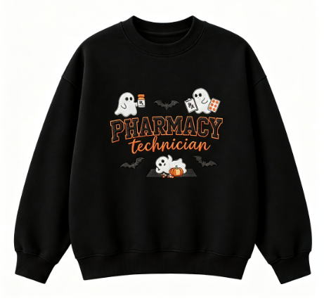 Pharmacy Technician Halloween Ghosts Embroidered Crewneck Sweatshirt – Black