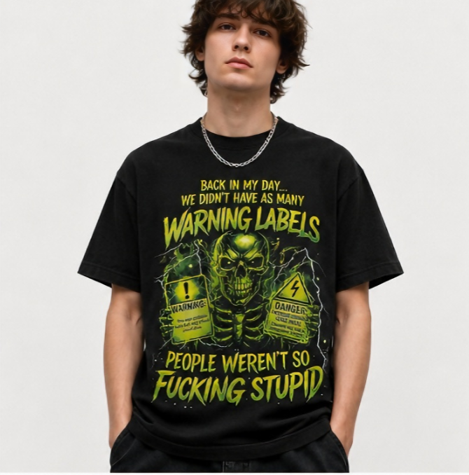 Vintage Warning Labels Skull Graphic T-Shirt – Funny Retro Rebel Unisex Tee