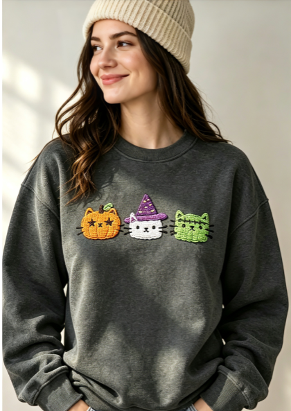 Halloween Cat Embroidered Crewneck Sweatshirt – Cozy Spooky Pullover