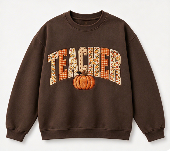 Autumn Teacher Embroidered Sweatshirt – Pumpkin Patchwork Crewneck