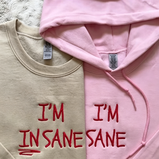 I'M INSANE Red Heavy Embroidery Crewneck Sweatshirt | Unisex Matching Couple Pullover Streetwear