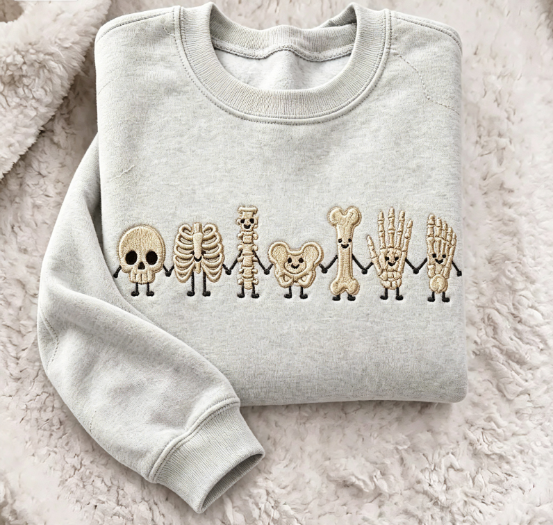 Embroidered Skeleton Family Crewneck Sweatshirt – Cute Halloween Bone Friends Pullover